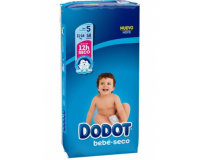 PAÑALES DODOT BEBE SECO TALLA 5 (11 - 16 KILOS) 58 UNIDADES